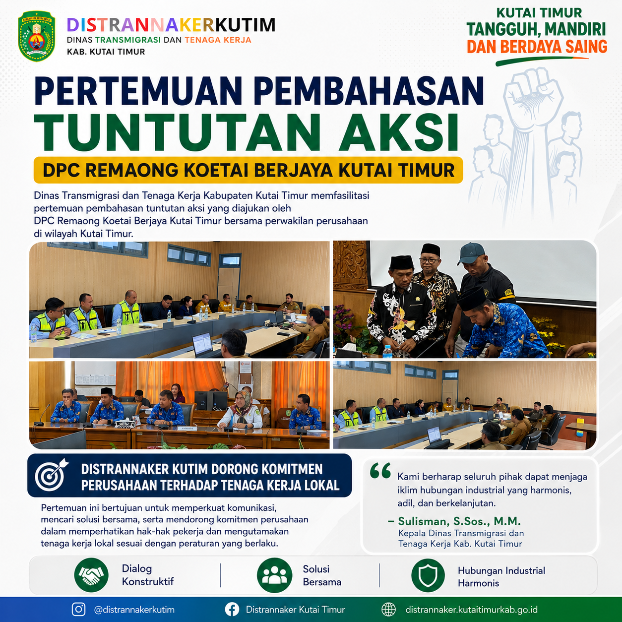 Pembahasan Tuntutan Aksi DPC Remaong Koetai Berjaya Kutai Timur, Distransnaker Kutim Dorong Komitmen Perusahaan terhadap Tenaga Kerja Lokal